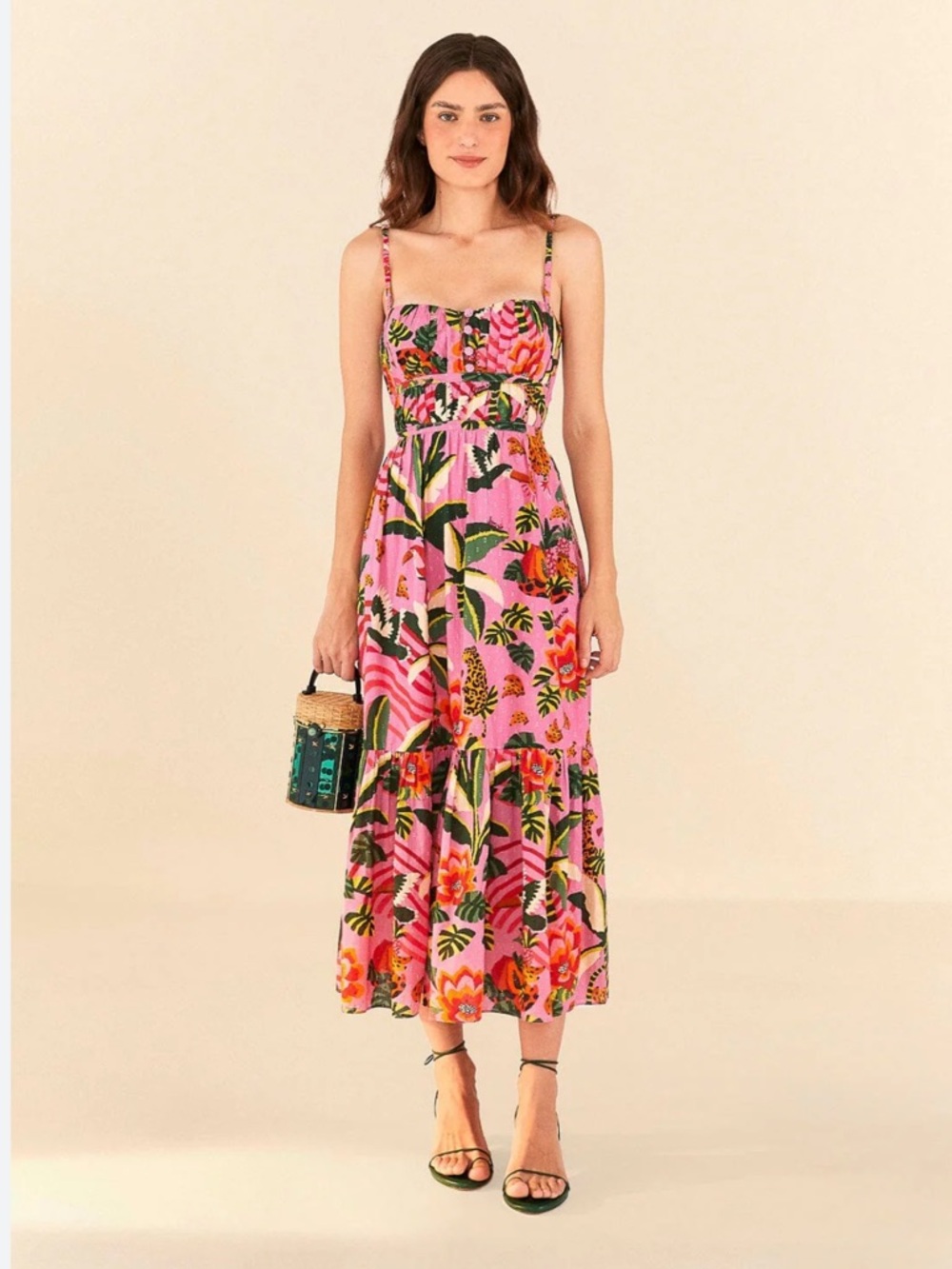 FARM Rio Pink Tropical Floral & Leopard Print Midi Dress
